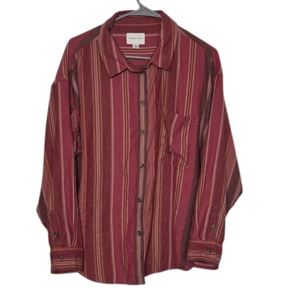 American Eagle Button Up Flannel Shirt Womens Large Collared Striped Outdoor Red